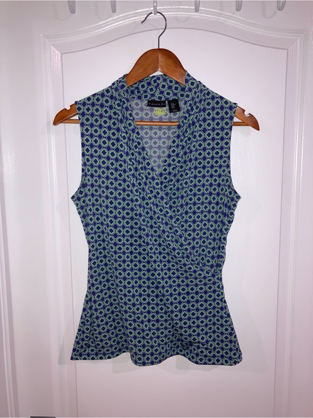 Tahari Blue & Green Sleeveless Geometric Print Faux Wrap Top - size M